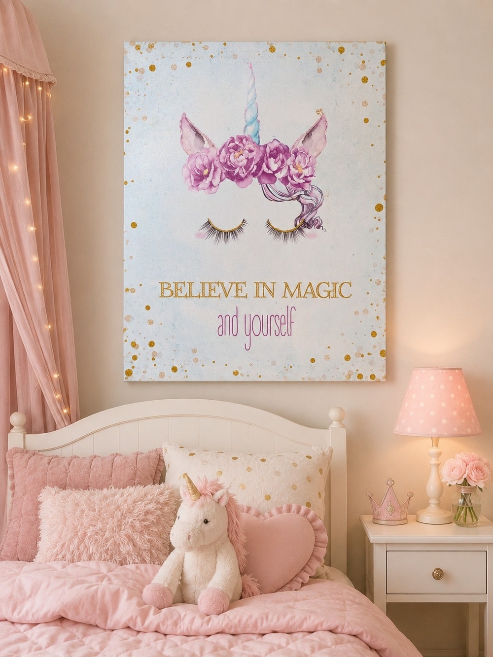 Believe in Magic Unicorn Wall Art - Pink and Gold